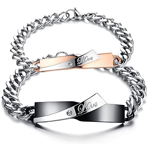 Kim Johanson Edelstahl Pärchen Armbänder *Love* in Silber, Roségold & Schwarz | Schmuck mit Herz | Paar Armband | Geschenk für Paare mit Gravur | Wasserfest | BFF | Verstellbar inkl Schmuckbeutel von Kim Johanson