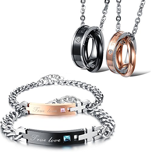 Kim Johanson Edelstahl Pärchen Schmuckset Armbänder & Ketten "Closeness" für verliebte Roségold & Schwarz mit Cubic Zirkonia inkl. Schmuckbeutel von Kim Johanson