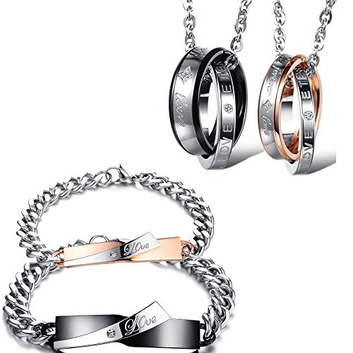 Kim Johanson Edelstahl Pärchen Schmuckset Armbänder & Ketten "Endless Love" für verliebte Roségold & Schwarz mit Cubic Zirkonia inkl. Schmuckbeutel von Kim Johanson