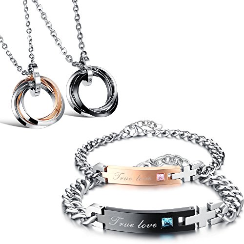 Kim Johanson Edelstahl Pärchen Schmuckset Armbänder & Ketten "Engagement" für verliebte Roségold & Schwarz mit Cubic Zirkonia inkl. Schmuckbeutel von Kim Johanson