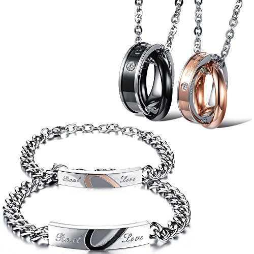 Kim Johanson Edelstahl Pärchen Schmuckset Armbänder & Ketten "Joy" für verliebte Roségold & Schwarz mit Cubic Zirkonia inkl. Schmuckbeutel von Kim Johanson