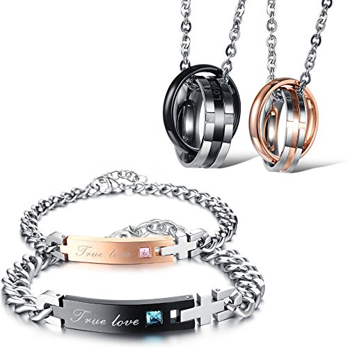 Kim Johanson Edelstahl Pärchen Schmuckset Armbänder & Ketten "Loyalty" für verliebte Roségold & Schwarz mit Cubic Zirkonia inkl. Schmuckbeutel von Kim Johanson