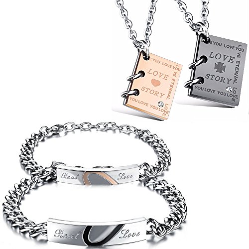 Kim Johanson Edelstahl Pärchen Schmuckset Armbänder & Ketten "Real Love Story" für verliebte Roségold & Schwarz mit Cubic Zirkonia inkl. Schmuckbeutel von Kim Johanson