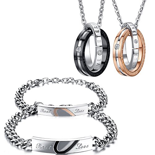 Kim Johanson Edelstahl Pärchen Schmuckset Armbänder & Ketten "Real Love" für verliebte Roségold & Schwarz mit Cubic Zirkonia inkl. Schmuckbeutel von Kim Johanson