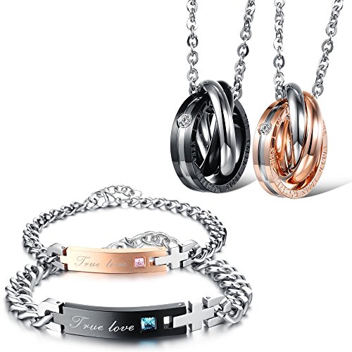 Kim Johanson Edelstahl Pärchen Schmuckset Armbänder & Ketten "True Love" für verliebte Roségold & Schwarz mit Cubic Zirkonia inkl. Schmuckbeutel von Kim Johanson