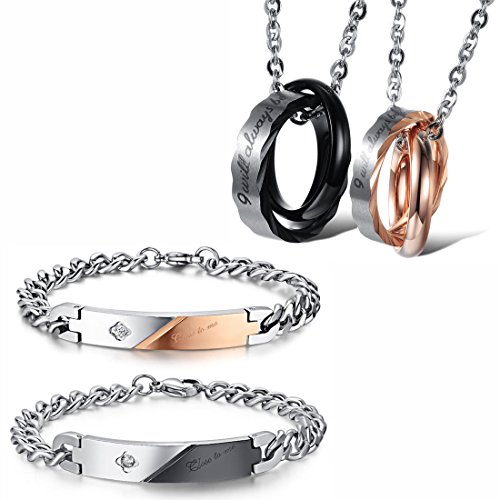 Kim Johanson Edelstahl Pärchen Schmuckset "Great Love" Armbänder & Ketten für verliebte in Roségold & Schwarz mit Zirkonia Steinchen besetzt inkl. Schmuckbeutel von Kim Johanson