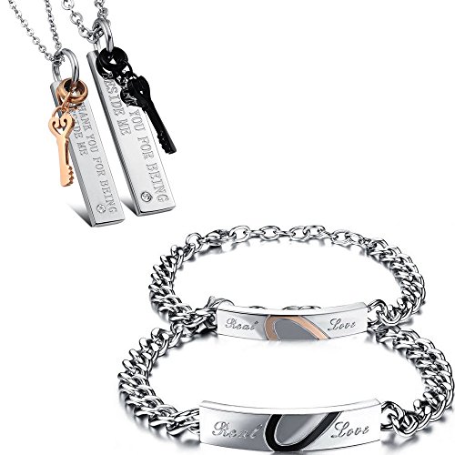 Kim Johanson Edelstahl Pärchen Schmuckset "Love Key" Armbänder & Ketten für verliebte in Silber mit Roségold & Schwarz inkl. Schmuckbeutel von Kim Johanson