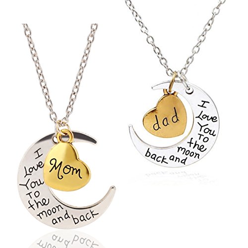 Kim Johanson Eltern Geschenkset "Ich liebe dich bis zum Mond und zurück" 2 x Halsketten in Silber / Gold für Mama & Papa inkl. Schmuckbeutel von Kim Johanson