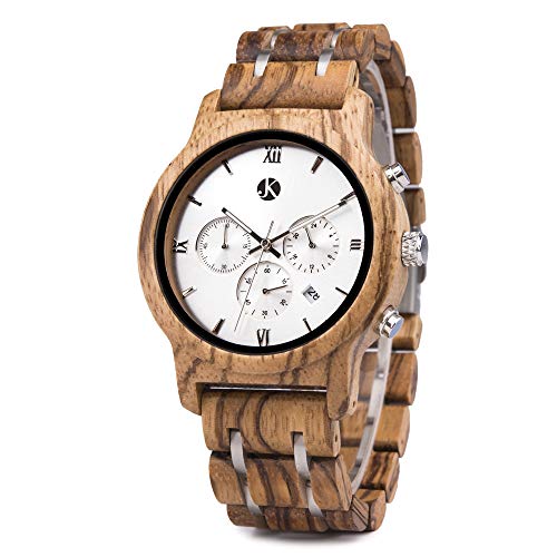 Kim Johanson Herren Holz-Edelstahl Armbanduhr *Air Force* in Hellbraun Chronograph mit Einem Gliederarmband Handgefertigt Quarz Analog Uhr inkl. Geschenkbox von Kim Johanson