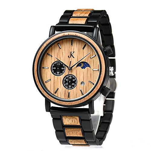 Kim Johanson Herren Holz-Edelstahl Armbanduhr *Military* in Hellbraun Chronograph mit Sonne & Mond Anzeige & einem Gliederarmband Handgefertigt Quarz Analog Uhr inkl. Geschenkbox von Kim Johanson