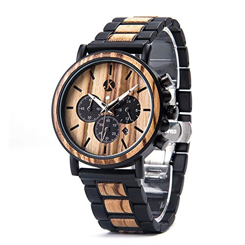 Kim Johanson Herren Holz-Edelstahl Armbanduhr *Military* in Hellbraun Chronograph mit Stoppuhr & einem Gliederarmband Handgefertigt Quarz Analog Uhr inkl. Geschenkbox von Kim Johanson