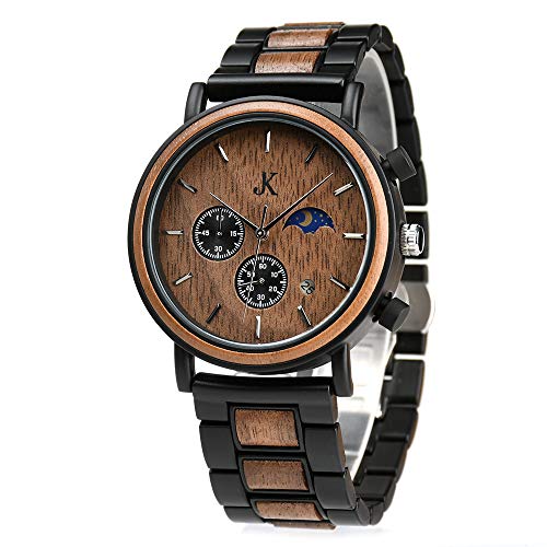 Kim Johanson Herren Holz-Edelstahl Armbanduhr *Military* in Dunkelbraun Chronograph mit Sonne & Mond Anzeige & einem Gliederarmband Handgefertigt Quarz Analog Uhr inkl. Geschenkbox von Kim Johanson