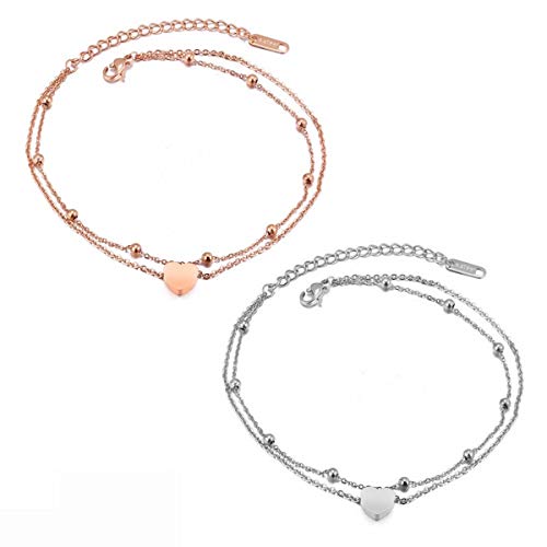 Produktname: Kim Johanson Edelstahl Damen Fußkettchen *Heart* in Silber & Roségold mit einem starken Karabinerverschluss | Boho Schmuck | Verstellbar inkl. Schmuckbeutel (Roségold + Silber) von Kim Johanson