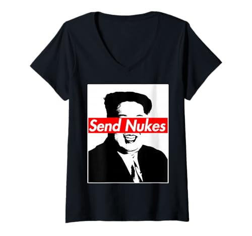 Damen Send Nukes Rocket Man Kim Jong Un Nordkorea T-Shirt T-Shirt mit V-Ausschnitt Damen Send Nukes Rocket Man Kim Jong Un Nordkorea T-Shirt T-Shirt mit V-Ausschnitt von Kim Jong Un is Lame