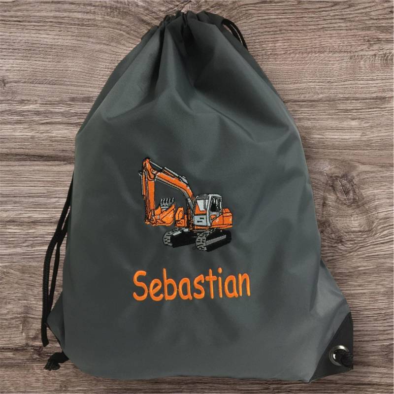 Turnbeutel + Motiv Bagger | #60 Orange Namen/Wäschebeutel Für Die Kita Oder Krippe Schwimmbeutel Personalisiert Geschenk von KimKalvin