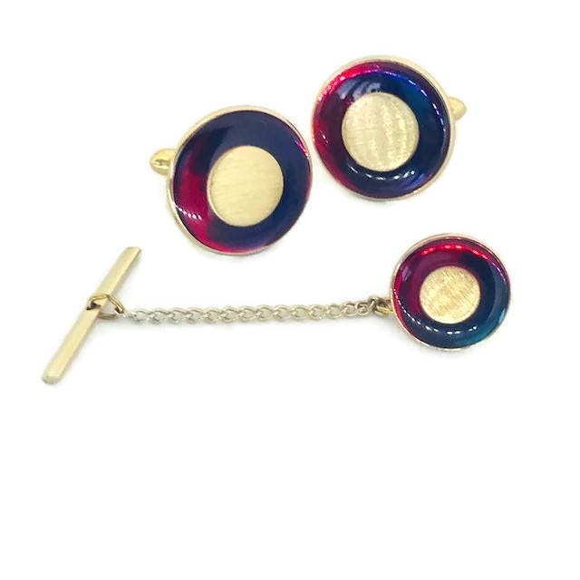 Jahrgang Roten Und Blauen Juwel Getönten Gold Cuff Link Tie Tack Set Jahrgang Roten Und Blauen Juwel Getönten Gold Cuff Link Tie Tack Set von KimberlyVintageGoods