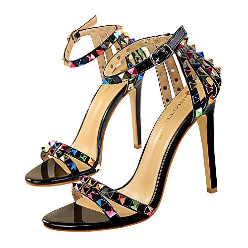 Damenschuhe Stiletto High Heel Open Toe Sandalen mit Buntem Knöchelriemen für Party Nachtclub Geburtstagsgeschenk Absatzhöhe 11 cm von Kimigia