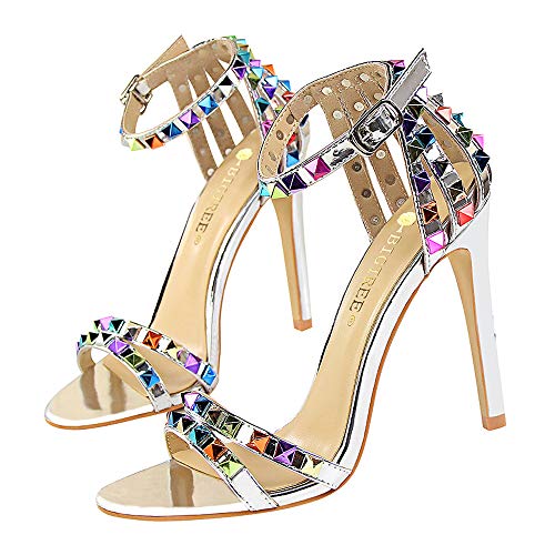 Damenschuhe Stiletto High Heel Open Toe Sandalen mit Buntem Knöchelriemen für Party Nachtclub Geburtstagsgeschenk Absatzhöhe 11 cm von Kimigia