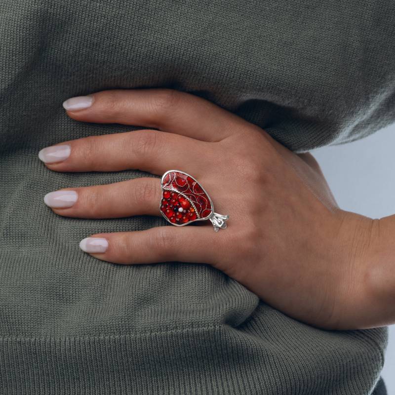Sterling Silber Granatapfel Statement Ring Mit Cloisonné Emaille, Verstellbare Passform, Geschenkbox Enthalten, Tragbarer Kunstschmuck von KimiliJewelry