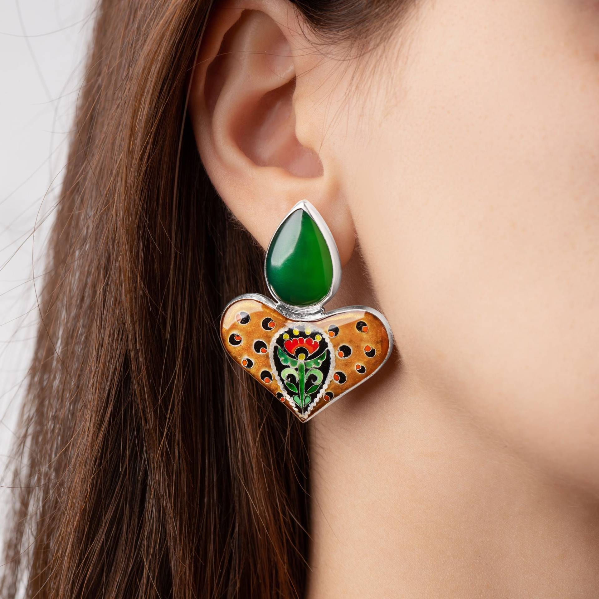 Sterling Silber Grüner Achat Statement Ohrringe Mit Leopardenmuster, Einzigartige Cloisonné-Emaille-Technik, Tragbarer Kunstschmuck Sterling Silber Grüner Achat Statement Ohrringe Mit Leopardenmuster, Einzigartige Cloisonné-Emaille-Technik, Tragbarer Kunstschmuck von KimiliJewelry