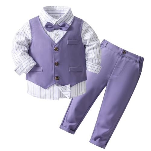 Kimocat Baby Jungen Gentleman Fliege Blau Anzug Set Langarm + Weste + Hose, Hellviolette Weste, 4 Jahre von Kimocat
