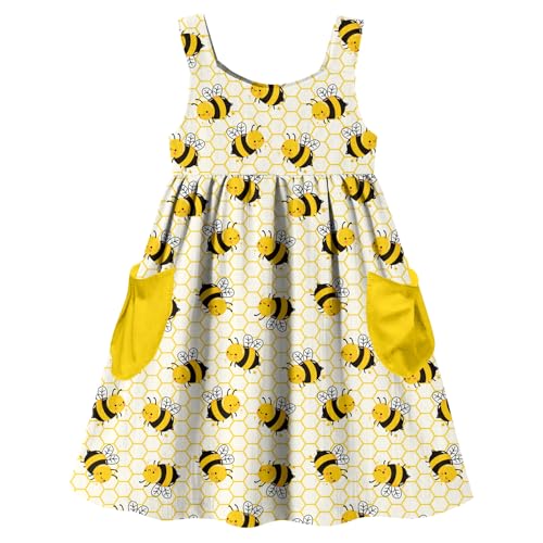 Kimoda Ärmelloses Sommerkleid für kleine Mädchen, Kleinkind-Druck, lässiges Sommerkleid, 2–7 Jahre, Gelbe Biene, 6-7 Jahre von Kimoda