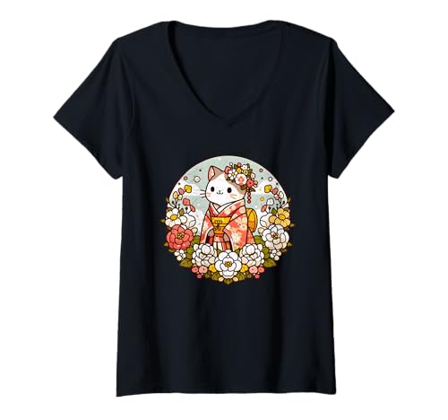 Damen Kimono Katze mit Blumen Japanische Kawaii Kunst T-Shirt mit V-Ausschnitt Damen Kimono Katze mit Blumen Japanische Kawaii Kunst T-Shirt mit V-Ausschnitt von Kimono Cat with Flowers Collection