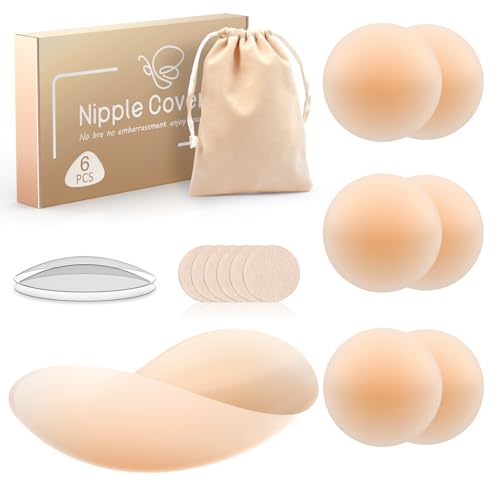 Kimsky Nippelpads, 6 Stück Damen Silikon Nipple Cover mit Brustwarzenschutz, Hochwertige Damen Nipple Cover, Wiederverwendbares, Waschbares, Selbstklebendes Brustwarzenschutz, Rund [8 cm Ø] von Kimsky