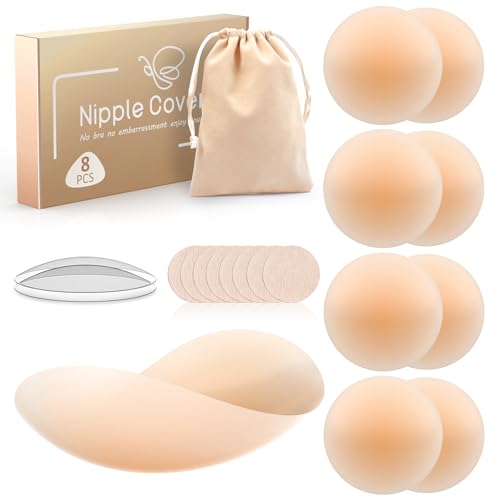 Kimsky Nippelpads, 8 Stück Damen Silikon Nipple Cover mit Brustwarzenschutz, Hochwertige Damen Nipple Cover, Wiederverwendbares, Waschbares, Selbstklebendes Brustwarzenschutz, Rund [8 cm Ø] von Kimsky