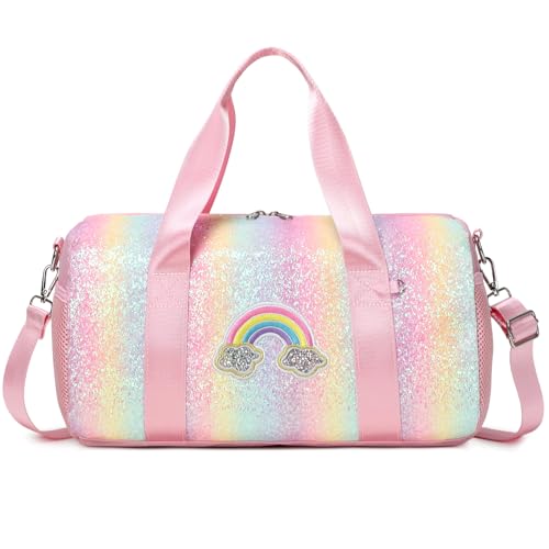 Glitzer Regenbogen Sporttasche Kinder Mädchen Gymnastiktasche Ballet Latin Tanztasche Kleine Reisetasche mit Wasserdichter Tasche von Kimwadalh