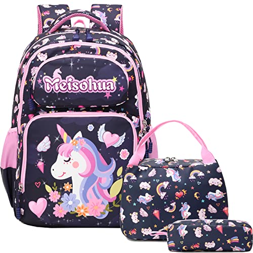 Kimwadalh Einhorn Mädchen Rucksack Schulranzen Kinder Schulrucksack Schultaschen Set Mädchen Kinderrucksack mit Lunchpaket Federmäppchen von Kimwadalh