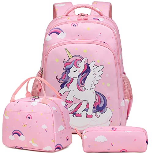 Kinderucksack Einhorn für Mädchen Schulrucksack Rucksack Kinder Schultasche 3 in 1 Schultaschen Sets Mädchen Schulranzen Kinder Rucksack mit Brustgurt, für Schule 1-3 Klasse von Kimwadalh