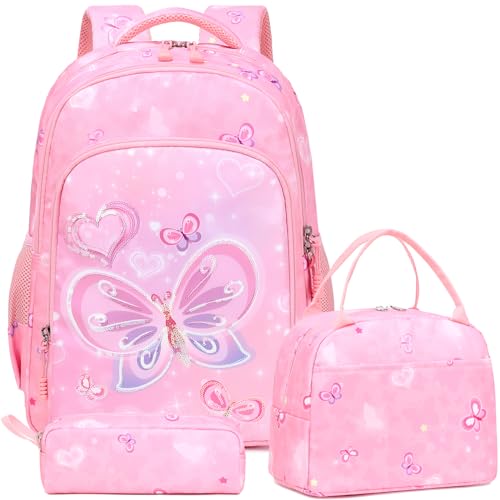 Kinderucksack Mädchen Schmetterling mit Perlen Rucksack Kinder Schulrucksack Mädchen Schulranzen 3 TLG. Schultaschen mit Lunchtüte Federtasche von Kimwadalh