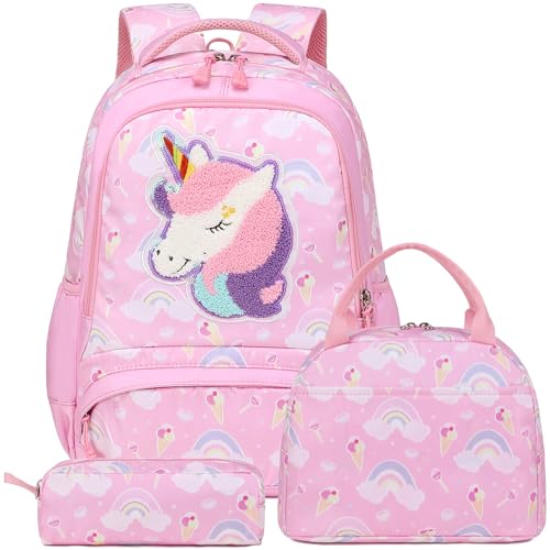 Kinderucksack Einhorn Schulrucksack für Kinder Mädchen Schultasche Set Niedliche Kinderrucksäcke Primarschule Kinder Daypack 3 TLG. Rucksack Backpack Set mit Lunchtüte Federtasche von Kimwadalh