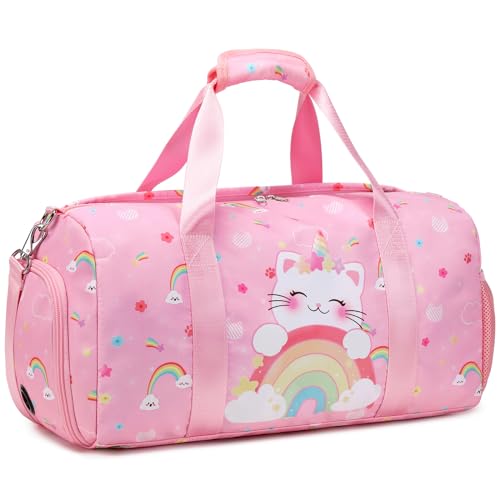 Kleine Mädchen Duffle Bag Tanztasche Sport Duffel Reisetasche Übernachtung Wochenender Tasche Teenager Gym Bag Sleepover Handgepäcktasche Balletttasche mit Schuh- und Nassfächern für Mädchen, Einhorn von Kimwadalh