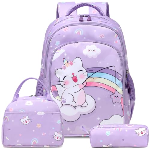 Mädchen Kinderucksack Katzen Rucksäcke für Schulranzen Kinder Mädchen Schultaschen 3 TLG. Sets für Schule 1-3 Klasse,Reisen Wandern von Kimwadalh