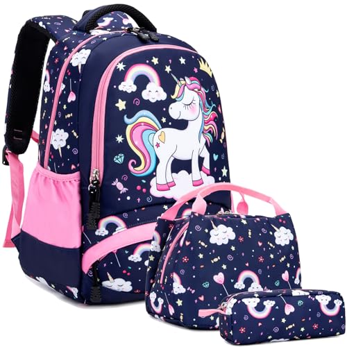 Mädchen Schulrucksack Einhorn Rucksäcke für Mädchen Grundschule Rucksäcke Kinderrucksack Set Mädchen Einhorn Schultaschen Set Kinder Girls Backpack Travel Daypack von Kimwadalh