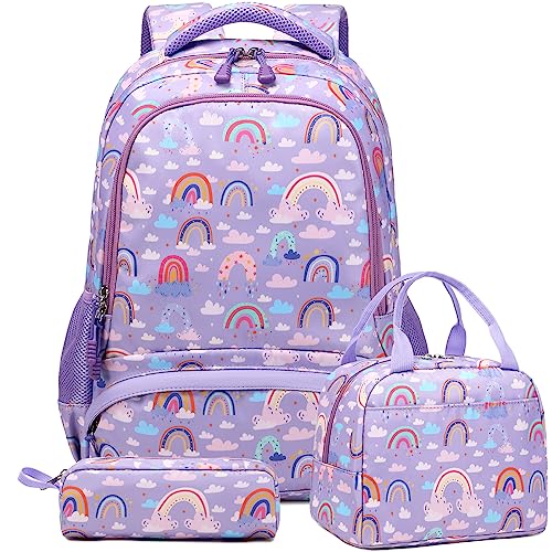 Schulrucksack Kinder Mädchen Regenbogen Rucksack Leichtgewicht Schultasche für Mädchen Teenager Backpack Schule,Schulranzen Set mit Lunchpaket Tasche und Mäppchen,passend 15 Zoll Laotop von Kimwadalh