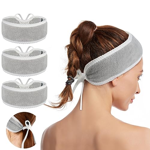 KinHwa Kosmetik Stirnband Frottee,Kosmetik Mikrofaser Haarband, Haarschutz mit verstellbaren Bändern für kosmetische Behandlungen,Haarschutz bei Schminken, Sport, Yoga, waschbar 3 Stück Hellgrau von KinHwa