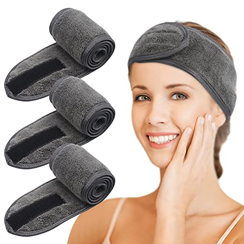 KinHwa Kosmetik Stirnband Frottee,Kosmetik Mikrofaser Haarband, Haarschutzband mit Klettverschluss für kosmetische Behandlungen, Haarschutz bei Schminken, Sport, Yoga, waschbar (3 pack, dark gray) von KinHwa