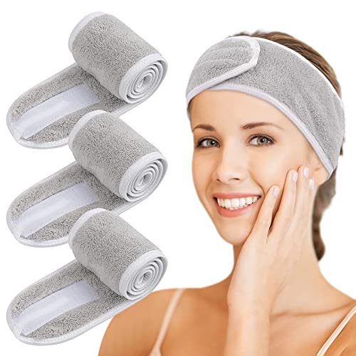 KinHwa Kosmetik Stirnband Frottee,Kosmetik Mikrofaser Haarband, Haarschutzband mit Klettverschluss für kosmetische Behandlungen, Haarschutz bei Schminken, Sport, Yoga, waschbar (3 pack, light gray) von KinHwa