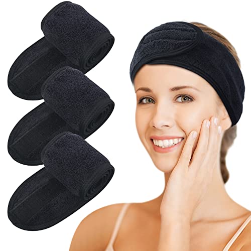 KinHwa Kosmetik Stirnband Frottee,Kosmetik Mikrofaser Haarband, Haarschutzband mit Klettverschluss für kosmetische Behandlungen, Haarschutz bei Schminken, Sport, Yoga, waschbar 3 Stück Schwarz von KinHwa