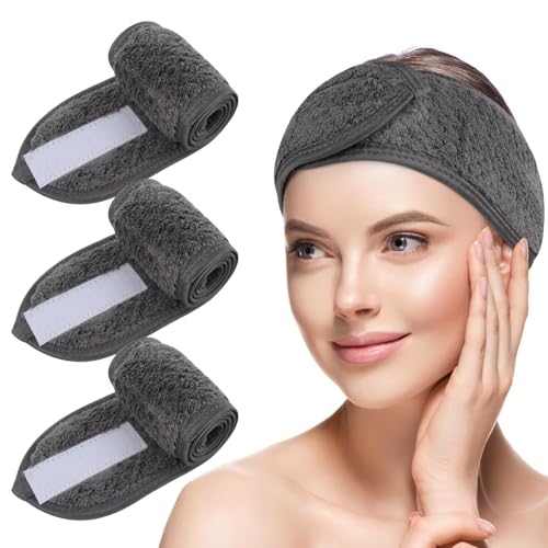 Kinhwa Sethaarband kosmetik aus Mikrofaser, abschmink haarband skincare haarband Korallenvlies Frottee, mit Klettverschluss, geeignet zum Waschen, Schminken, Sport und Yoga (grau) von KinHwa