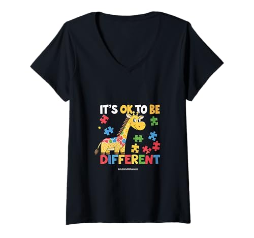 Damen Es ist in Ordnung, anders zu sein, Autismus-Bewusstsein, Giraffe T-Shirt mit V-Ausschnitt Damen Es ist in Ordnung, anders zu sein, Autismus-Bewusstsein, Giraffe T-Shirt mit V-Ausschnitt von Kind Minds Collective