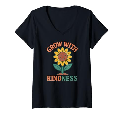 Damen Grow with Kindness Sonnenblume T-Shirt mit V-Ausschnitt Damen Grow with Kindness Sonnenblume T-Shirt mit V-Ausschnitt von Kind and Loving Design Co.