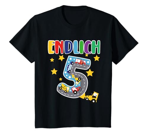 Endlich 5 Jahre Bagger Polizei Feuerwehr Kinder Geburtstag T-Shirt von Kinder 5Jahre Geburtstag Bagger Polizei Design