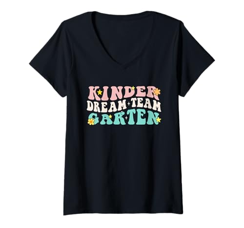 Damen Kindergarten Dream Team Retro Groovy Teacher Zurück zur Schule T-Shirt mit V-Ausschnitt von Kinder Crew Collective
