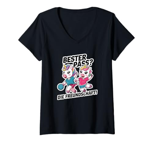 Damen Handball Freunde - Einhörner Mädchen Handball T-Shirt mit V-Ausschnitt von Kinder Einhorn Handball T-Shirts Geschenk