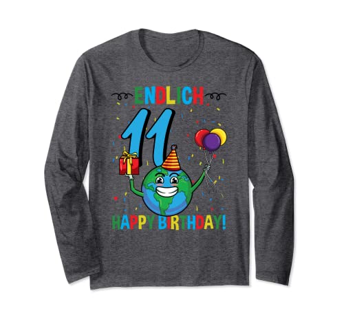 Kinder Endlich 11 Junge Geburtstag Erde Langarmshirt von Kinder Endlich 11 Junge Geburtstag Erde