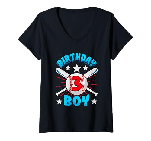 Damen Birthday 3 Boy Baseball 3rd Birthday Kids Birthday T-Shirt mit V-Ausschnitt Damen Birthday 3 Boy Baseball 3rd Birthday Kids Birthday T-Shirt mit V-Ausschnitt von Kinder Geburtstag Geschenk Jungen Sohn Mädchen